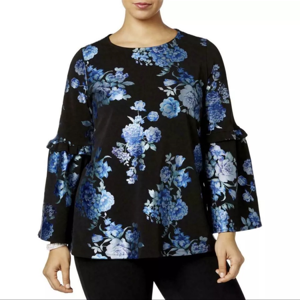 Alfani Metallic Floral-Print Top Teal Garden Brocade, XXL